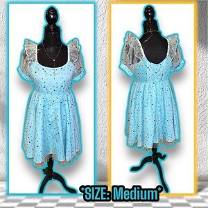 NWT: Smak Parlour X Unique Vintage  - Blue Multi Star Puff Sleeve Babydoll (M)